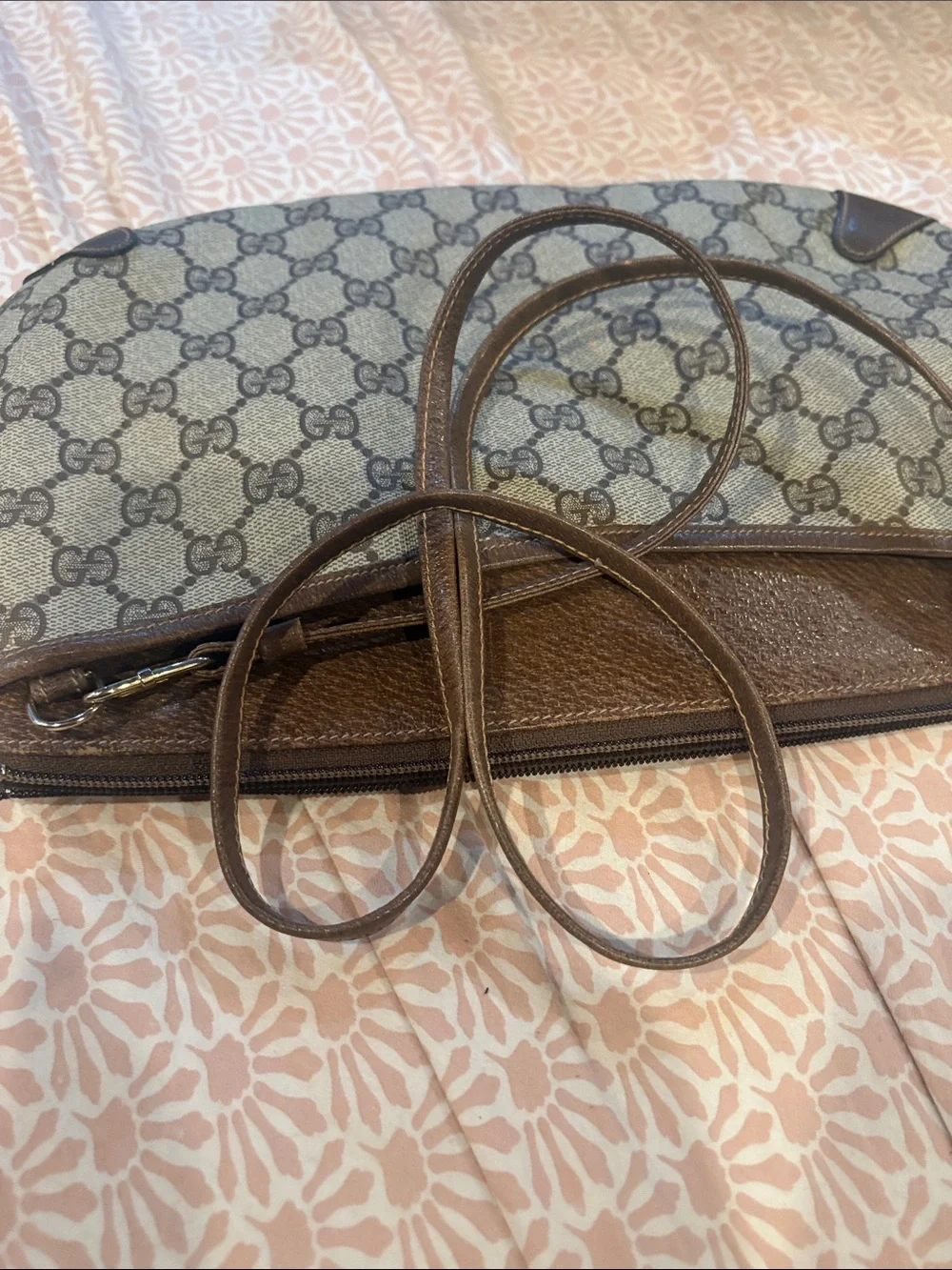 Gucci Beige Monogram Crossbody with Brown Leather and Green-Red Web